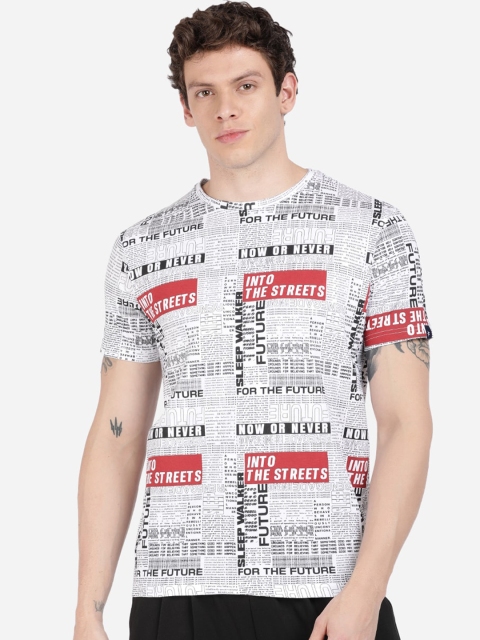 Breakbounce Men White Printed Round Neck T-shirt