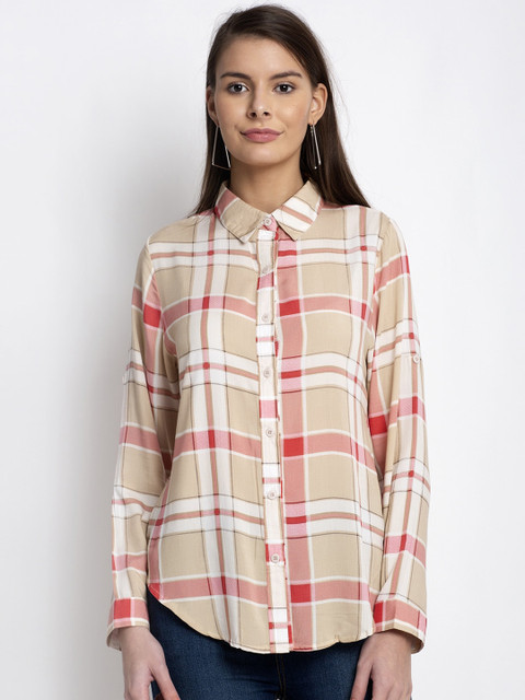 

Global Republic Women Beige Regular Fit Checked Casual Shirt
