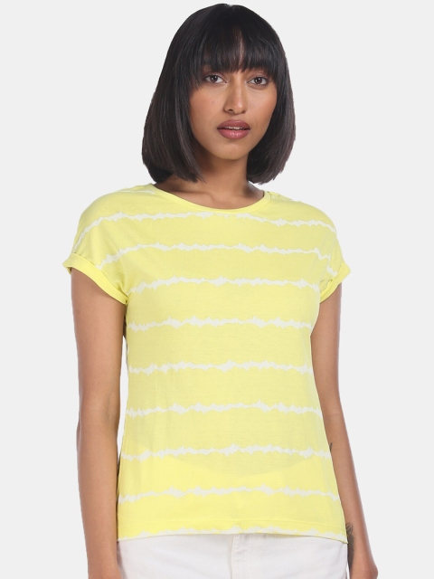 

Aeropostale Women Yellow Striped Round Neck T-shirt