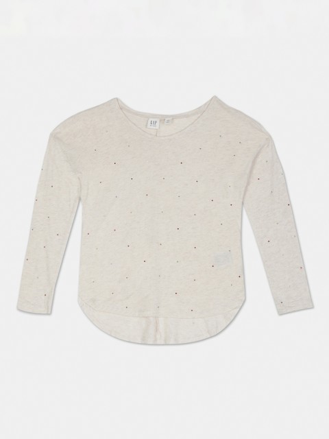 

GAP Girls Off-White Solid V-Neck High-Low Embellished T-shirt