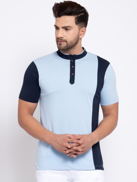

Kalt Men Navy Blue Colourblocked Mandarin Collar T-shirt