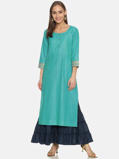 

Saffron Threads Women Sea Green & Gold-Toned Checked Kurta