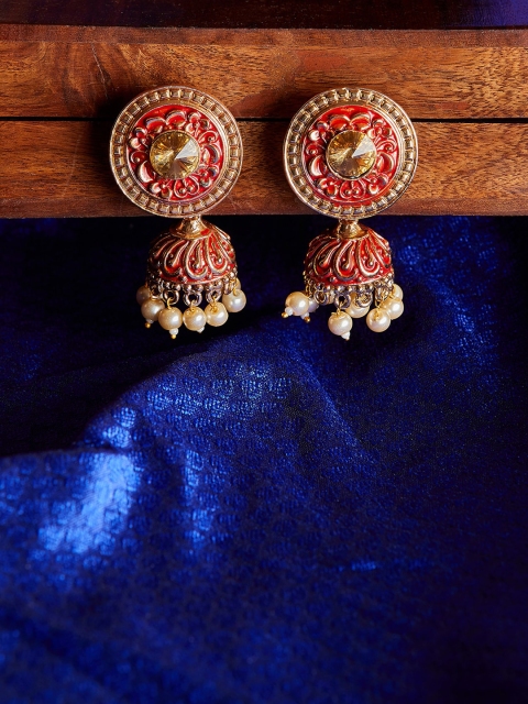 

PANASH Red & Gold-Plated Dome Shaped Jhumkas