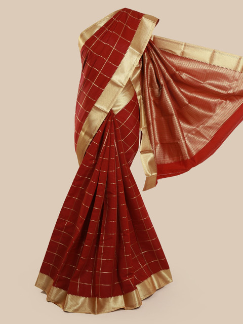 

Pothys Maroon & Gold-Toned Art Silk Checked Saree