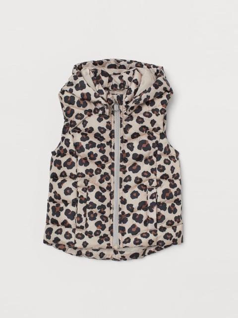 

H&M Girls Beige & Black Hooded Animal Printed Puffer Gilet