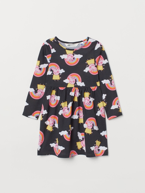 

H&M Girls Dark Grey Peppa Pig Printed Cotton Fit and Flare dress