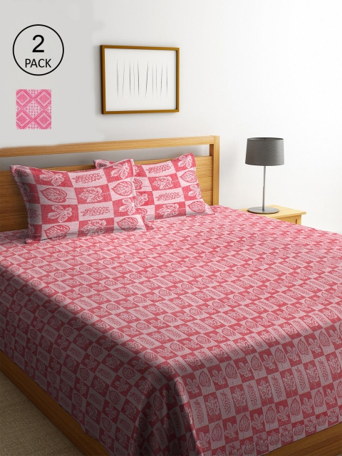 

KLOTTHE Set Of 2 Pink & Purple Floral Double King Bed Covers With 4 Pillow Covers