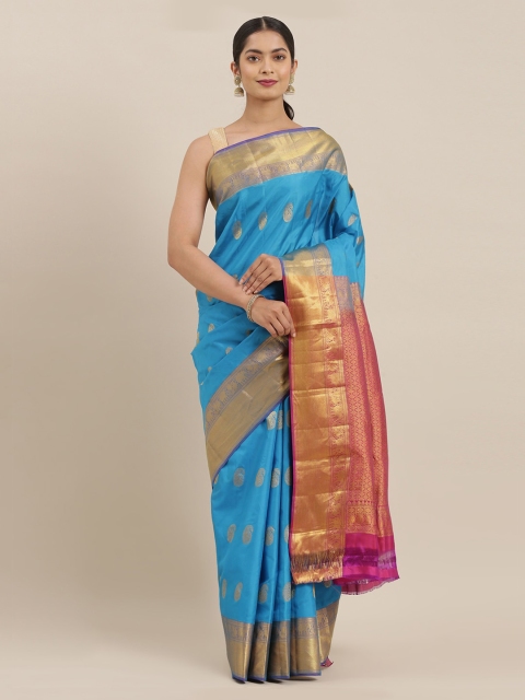 The Chennai Silks Blue & Gold-Toned Pure Silk Woven Design Kanjeevaram Saree