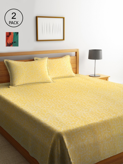 

KLOTTHE Set Of 2 Floral Printed Double King Bed Covers With 4 Pillow Covers, Green