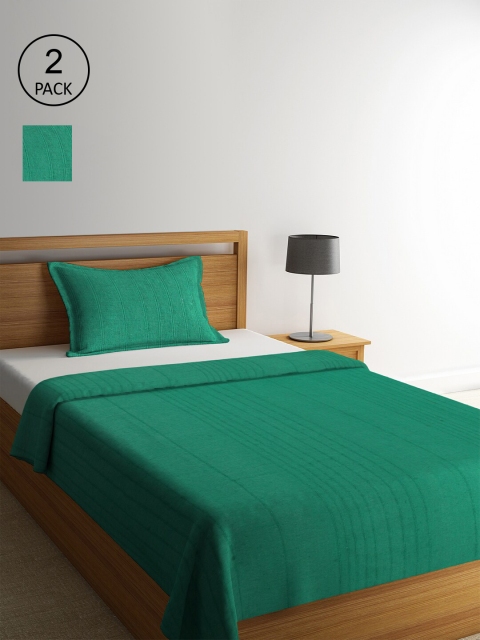 KLOTTHE Set Of 2 Green Striped Single Bed Covers With 2 Pillow Covers