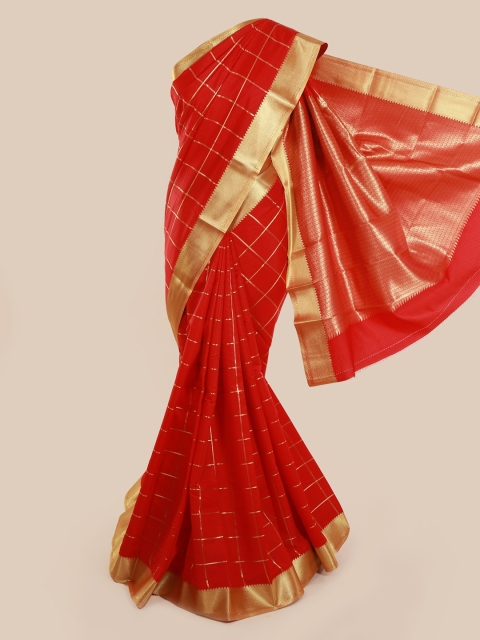 

Pothys Red & Gold-Toned Art Silk Checked Saree