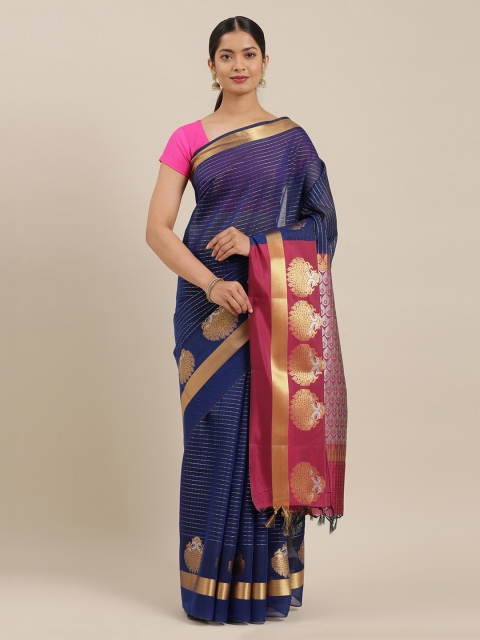 

The Chennai Silks Navy Blue Silk Cotton Striped Maheshwari Saree