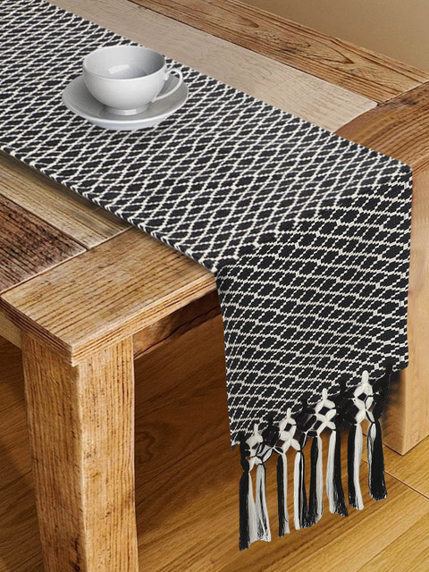

Mezposh Black & White Geometric Embroidered 6 Seater Table Runner With Tassels