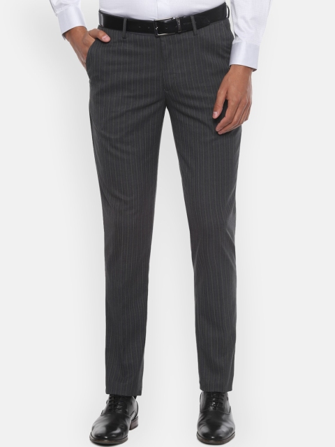

Louis Philippe Men Grey Slim Fit Striped Formal Trousers