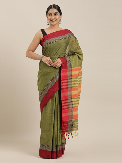 

The Chennai Silks Green Cotton Blend Solid Narayan Peth Saree