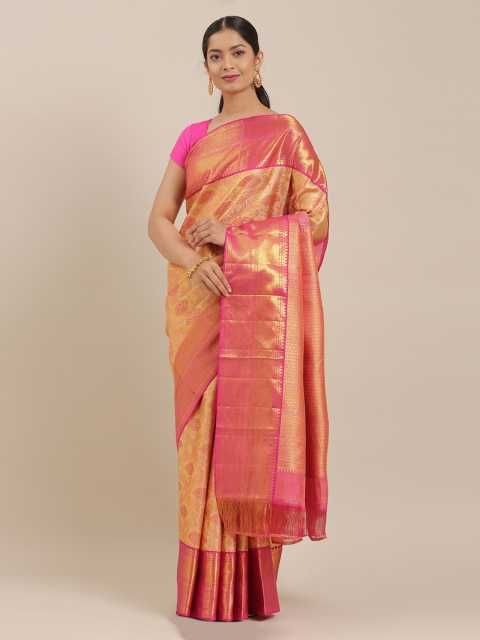 

The Chennai Silks Gold-Toned & Pink Pure Silk Woven Design Kanjeevaram Saree
