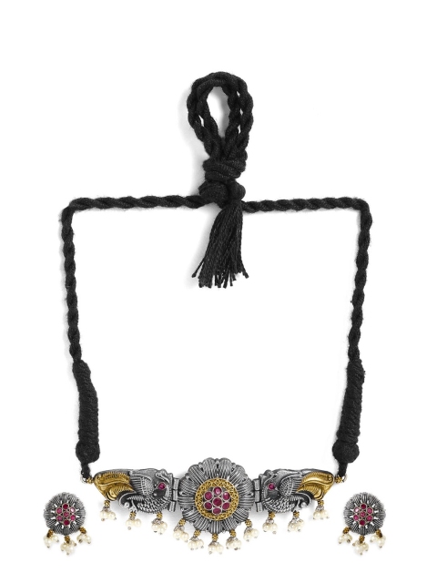

Rubans Oxidized Silver-Plated Gold-Toned & Purple Ruby-Studded Pearl Embellished Handcrafted Jewellery Set