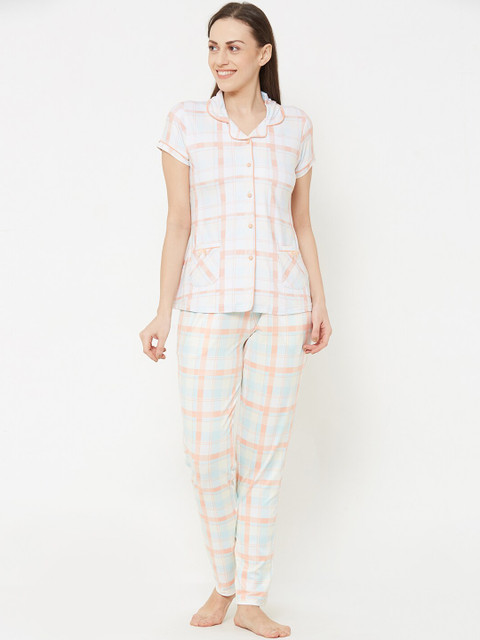 

Sweet Dreams Women White & Peach-Coloured Checked Night Suit