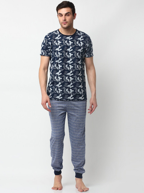 

VIMAL JONNEY Men Navy Blue & Grey Printed Night suit