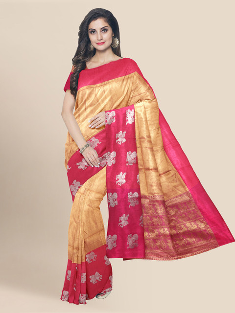 

KLM Fashion Mall Gold-Toned & Red Silk Blend Woven Design Banarasi Saree