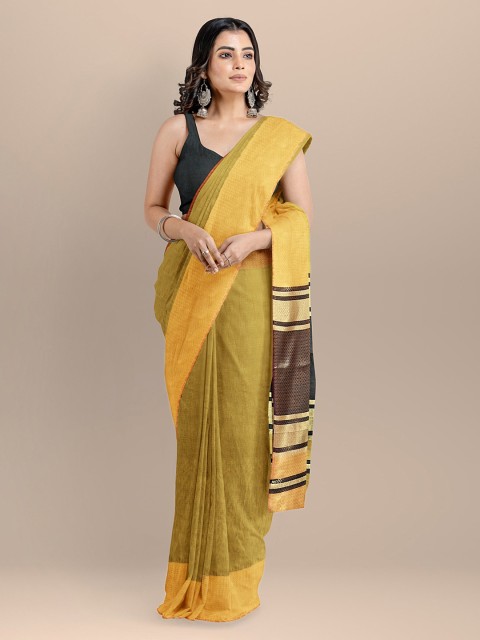 

BharatSthali Mustard & Black Silk Cotton Solid Handloom Mangalagiri Saree