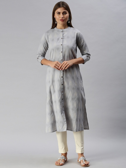 

Soch Women Grey & Beige Printed Band Collar Roll-Up Sleeves Cotton Kurta