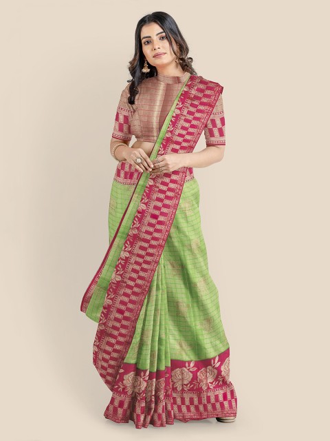 

KLM Fashion Mall Green Silk Blend Checked Banarasi Saree