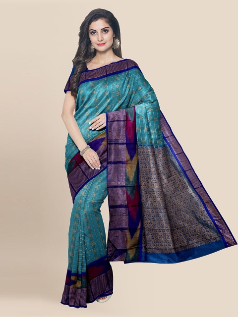 

KLM Fashion Mall Blue Silk Blend Checked Chanderi Saree