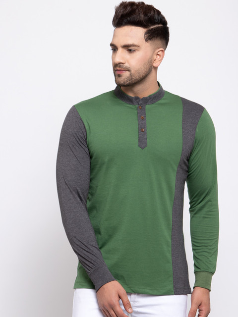 

Kalt Men Green Colourblocked Mandarin Collar T-shirt