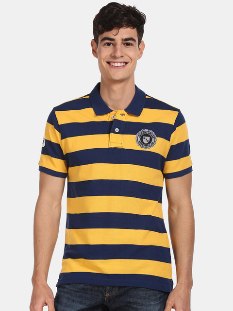 

Aeropostale Men Yellow & Navy Blue Striped Cotton Polo Collar T-shirt
