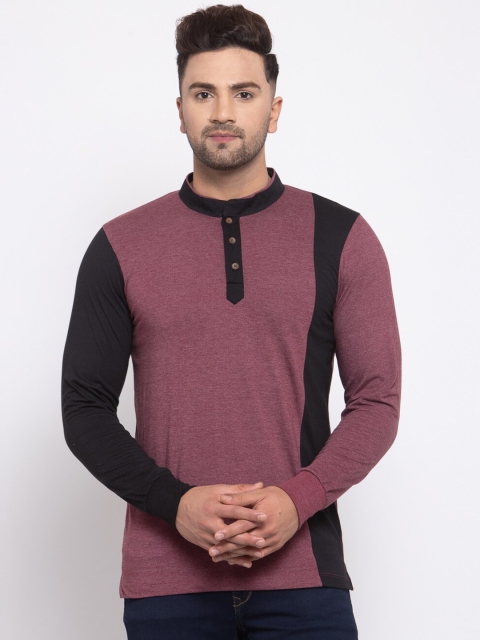 

Kalt Men Maroon & Black Colourblocked Mandarin Collar T-shirt