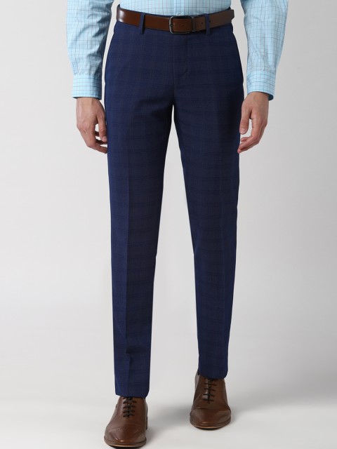 

Peter England Elite Men Navy Blue Slim Fit Checked Formal Trousers