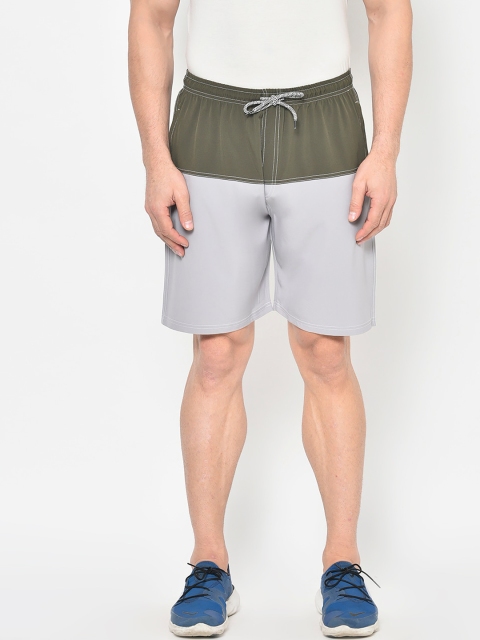 

American-Elm Men Olive Green & Grey Colourblocked Regular Fit Stretchable Sports Shorts