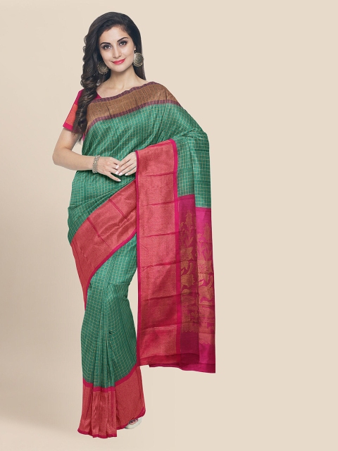 

KLM Fashion Mall Green Silk Blend Checked Chanderi Saree