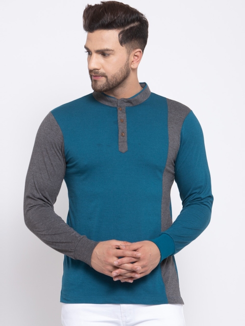 

Kalt Men Teal Blue & Grey Colourblocked Mandarin Collar T-shirt