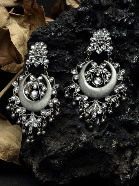 

Moedbuille Ghungroo and Stones Studded Tribal Design Oxidised Silver Plated Handcrafted Chandbalis