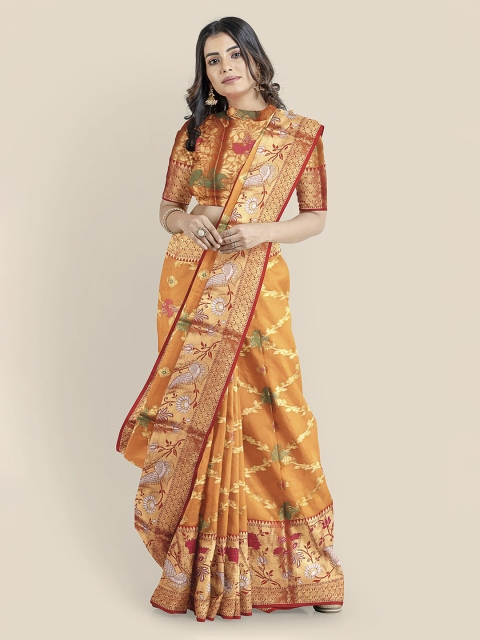 

KLM Fashion Mall Orange & Gold-Toned Silk Blend Woven Design Banarasi Saree