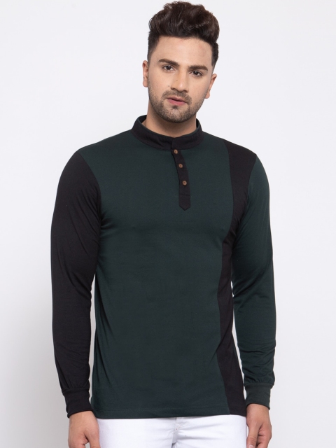 

Kalt Men Green & Black Colourblocked Henley Neck T-shirt