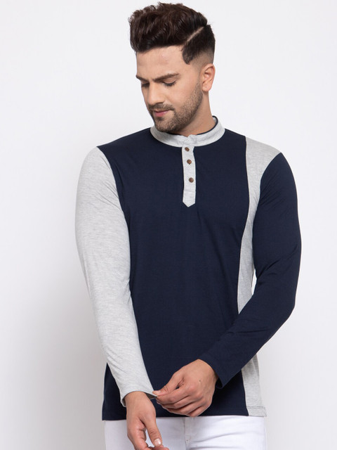 

Kalt Men Navy Blue & Grey Colourblocked Mandarin Collar T-shirt