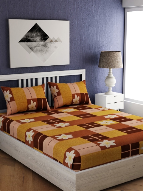 

EverHOME Mustard & Brown Conversational 144 TC Cotton 1 Queen Bedsheet with 2 Pillow Covers