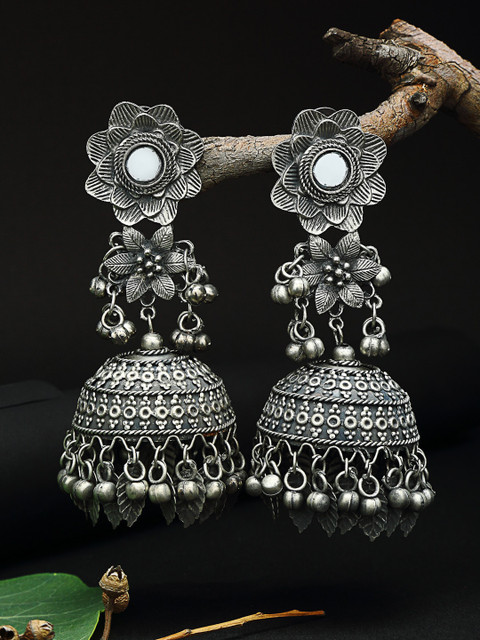 

Moedbuille Ghungroo Studded Floral Design Oxidised Silver Plated Handcrafted Tribal Jhumkas
