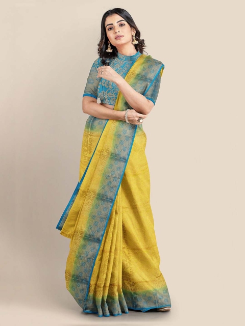 

KLM Fashion Mall Yellow & Blue Silk Blend Woven Design Banarasi Saree