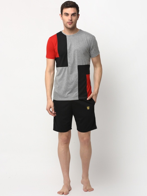 VIMAL JONNEY Men Grey Melange & Black Colourblocked Night suit
