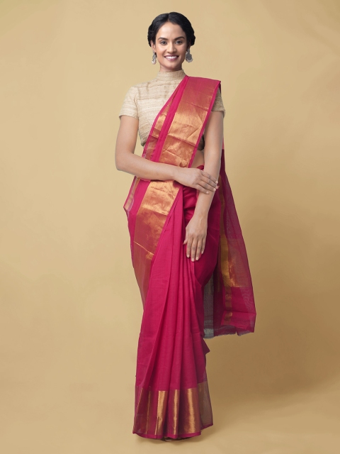 

Unnati Silks Pink Pure Cotton Solid Kanjeevaram Saree