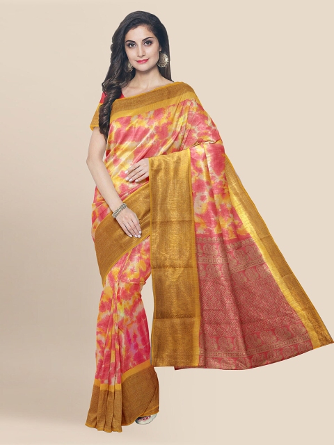 

KLM Fashion Mall Yellow & Pink Linen Blend Printed Banarasi Saree