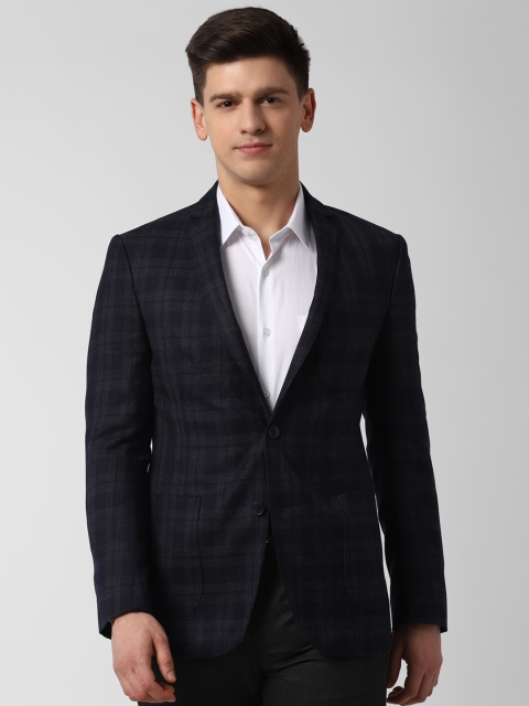 

Peter England Elite Men Navy Blue Checked Slim-Fit Single-Breasted Formal Blazer