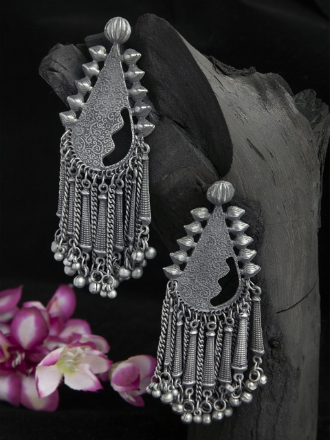 Moedbuille Ghungroo Studded Tribal Design Oxidised Silver Plated Handcrafted Tasselled Earrings
