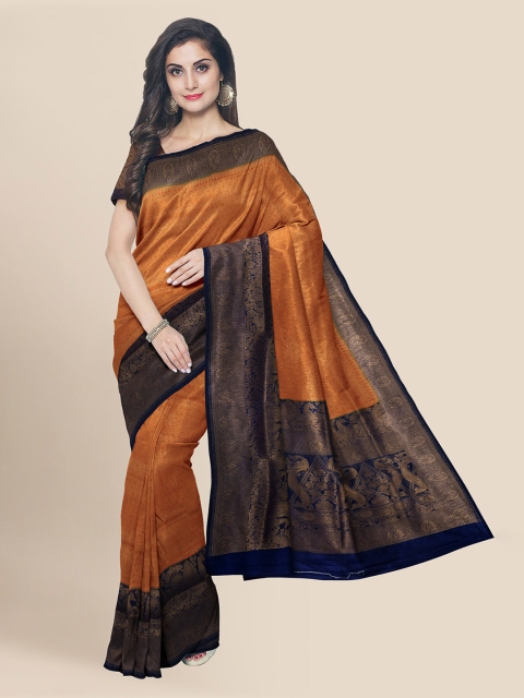 

KLM Fashion Mall Orange Silk Blend Solid Banarasi Saree