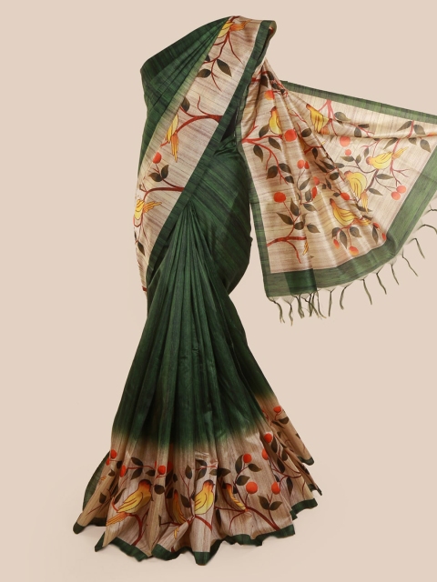 

Pothys Green & Beige Jute Silk Solid Saree