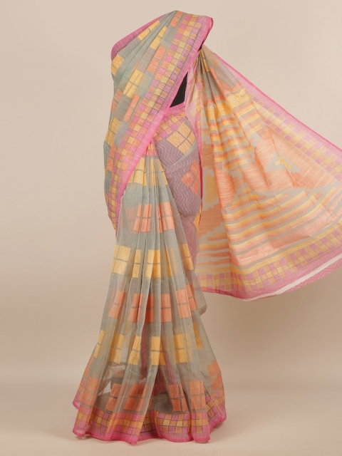

Pothys Green & Pink Jute Silk Checked Saree
